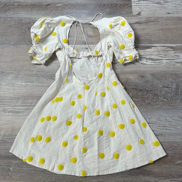 For Love & Lemons Puff Sleeve Mini Dress White Yellow Polka Dot Open Back XS - Picture 7 of 11